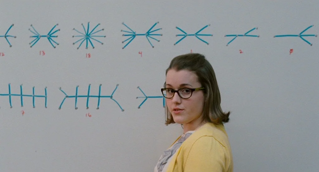 It’s Kind Of A Funny Story (2010) movie still: medium — A woman stands before a whiteboard covered in hand-drawn blue mathematical diagrams. She…