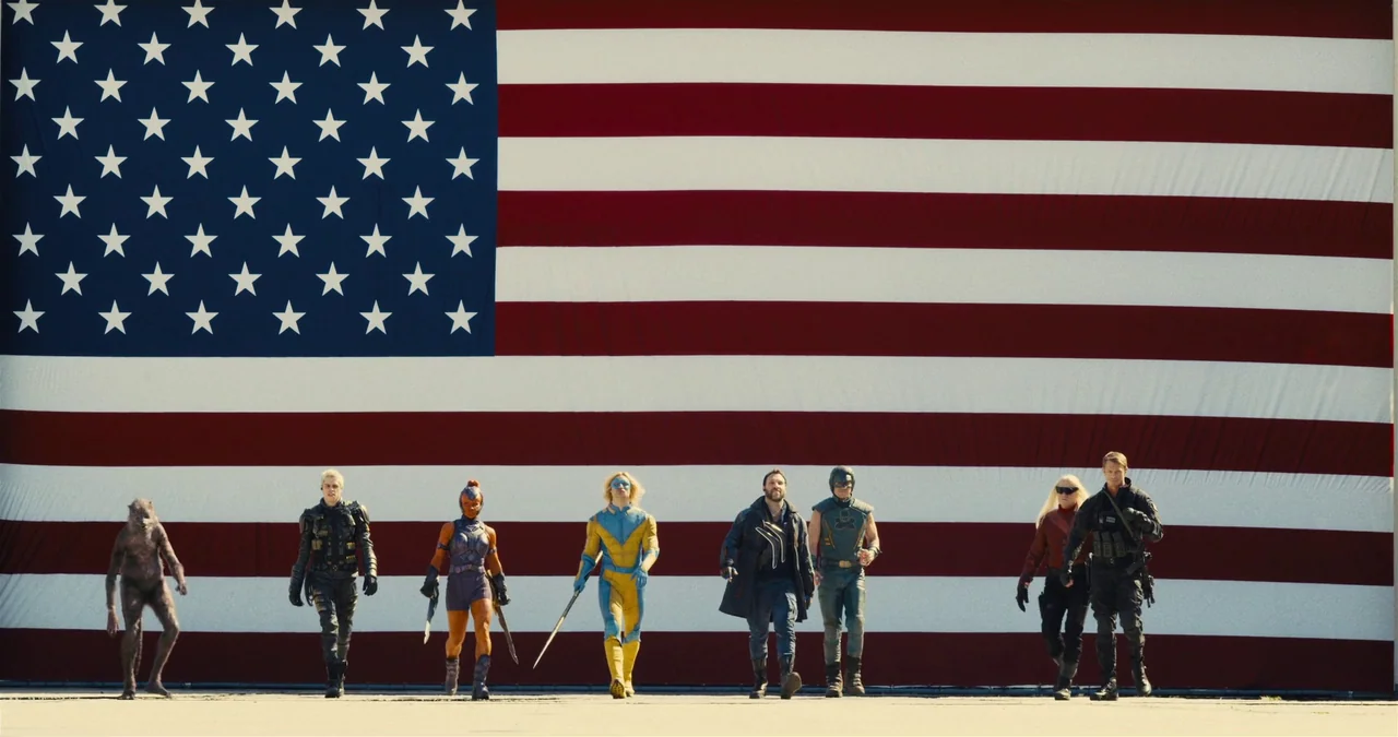 The Suicide Squad (2021) movie still: wide — Seven people walk across a flat tarmac in front of a giant American flag. The subjects are dressed in…