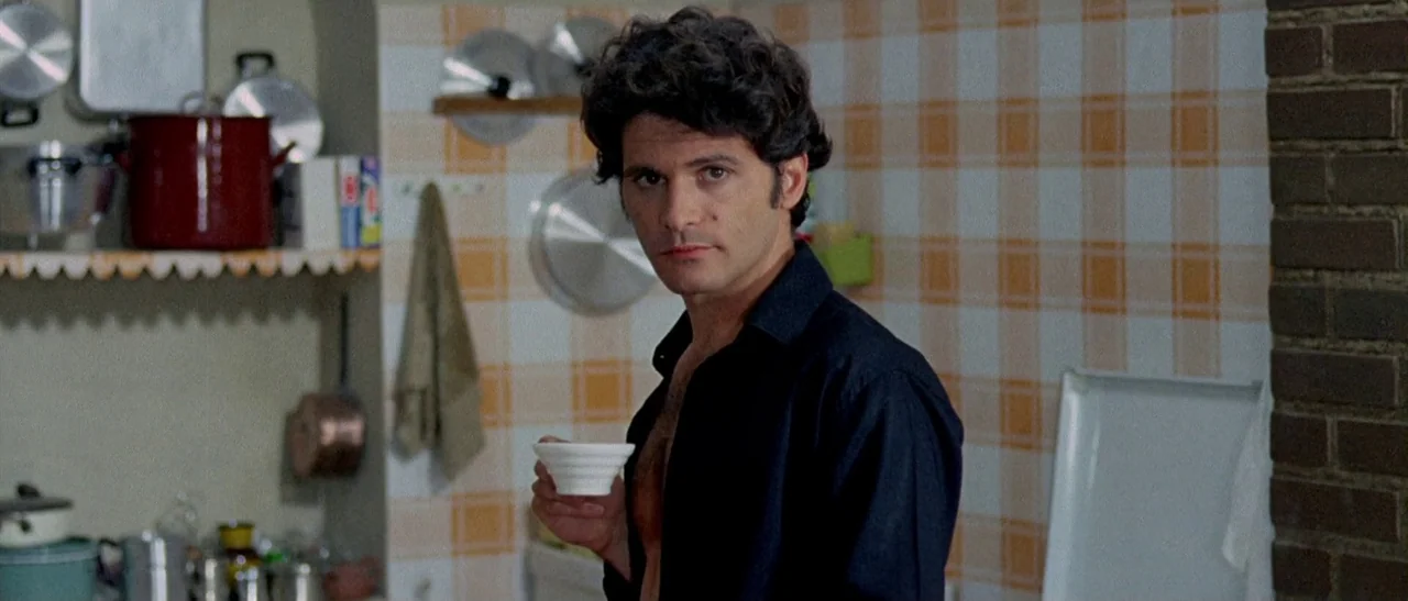 The Bird With The Crystal Plumage (1970) movie still: medium — A 1970s kitchen with orange and white checkered wallpaper features a shelf of pots. A…
