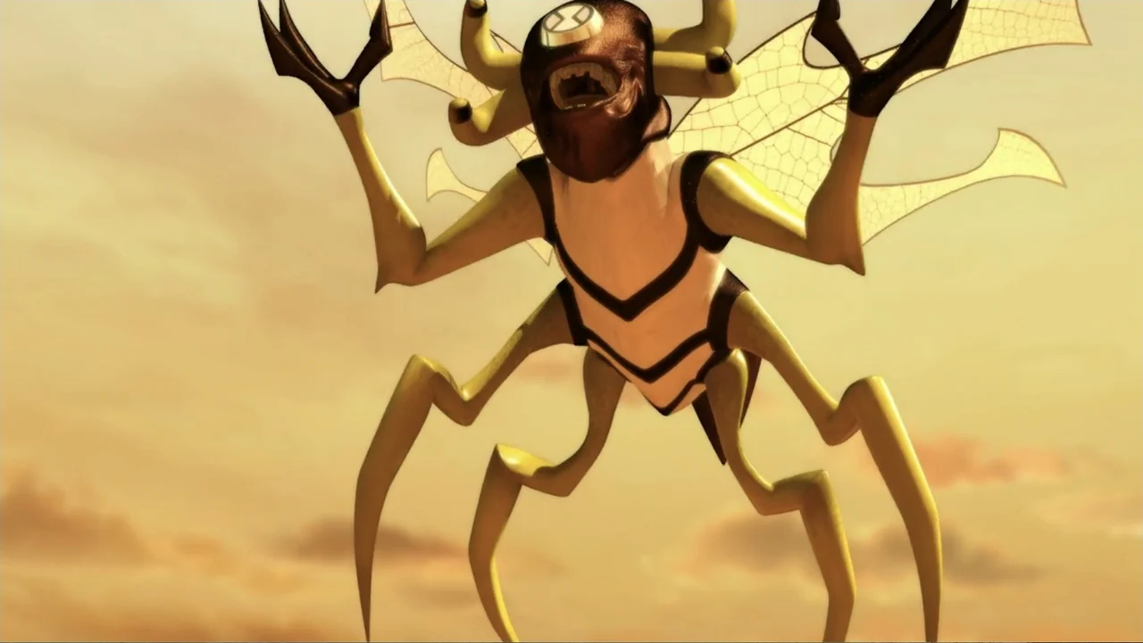 Ben 10: Destroy All Aliens (2012) movie still: fullbody — A winged insectoid alien floats against a hazy yellow sunset backdrop. The creature holds…