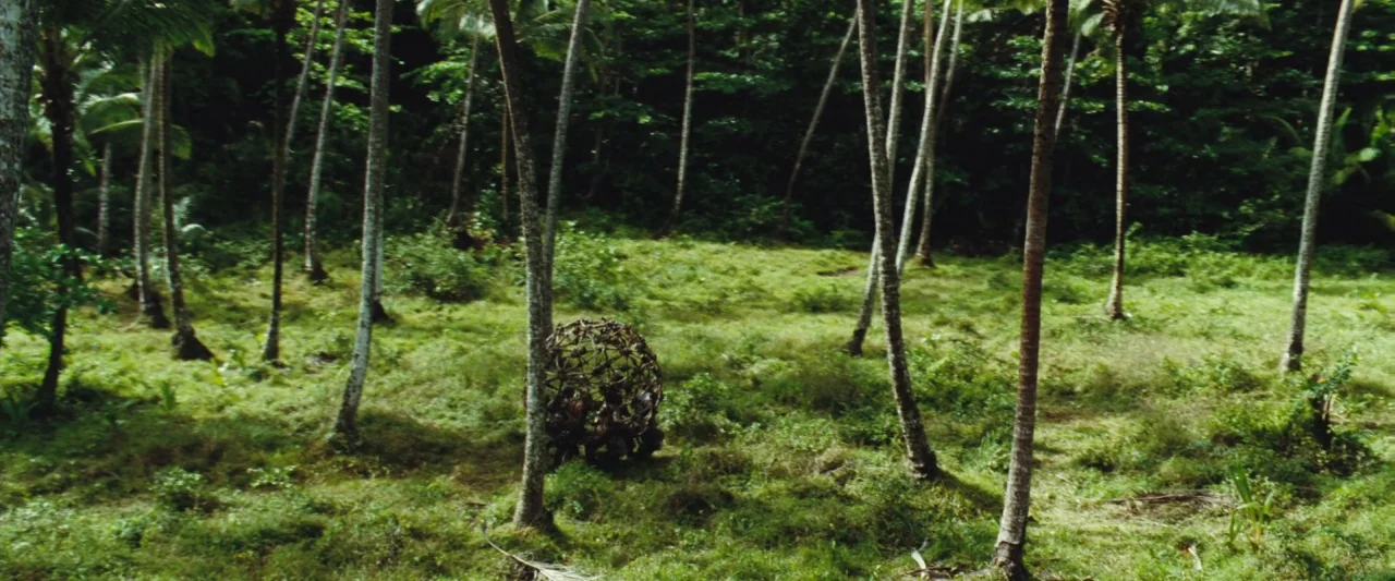 Pirates of the Caribbean: Dead Man’s Chest movie still: wide — A clearing within a dense grove filled with thin, tall palm tree trunks. A small…