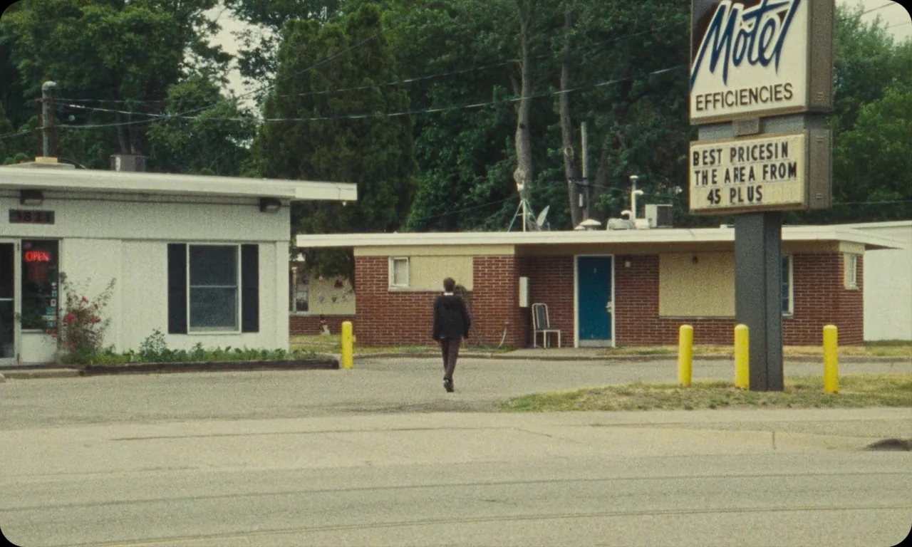 Vulcanizadora (2024) movie still: wide — A low-rise brick motel with a prominent sign stands beside a paved lot. A man walks across the asphalt…