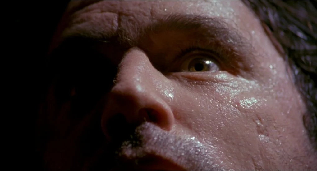 My Own Private Idaho (1991) movie still: closeup — A close-up view shows a man's face in deep shadow. Sweat glistens on his forehead and cheeks as…