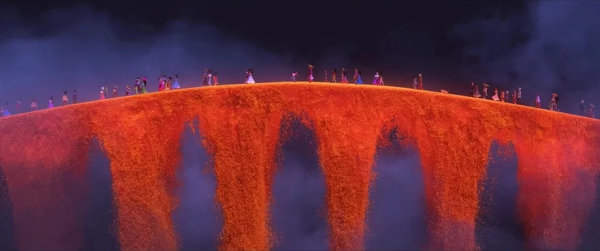 The Pixar Story (2007) movie still: wide — A bridge formed entirely of luminous orange marigold petals spans across a dark space. A large crowd of…