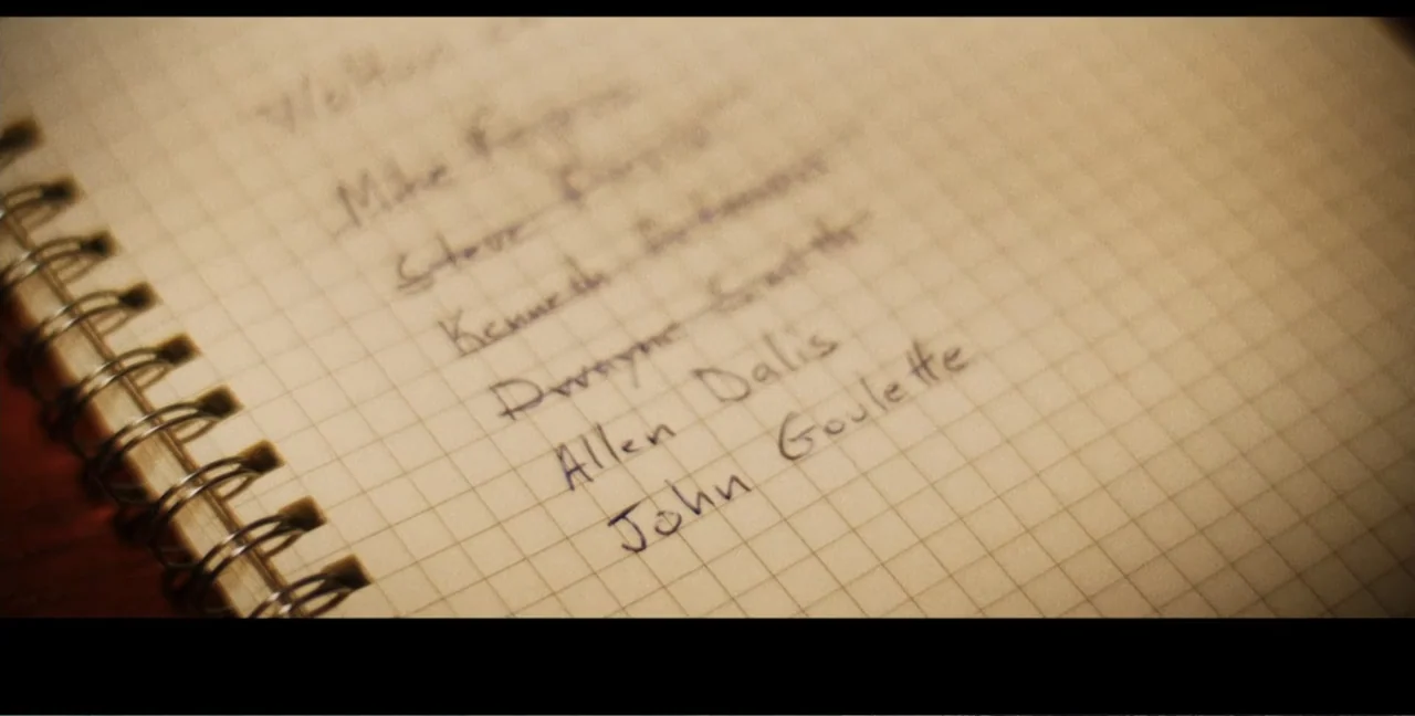 Alien Abduction: Travis Walton (2022) movie still: closeup — A close-up view of a spiral-bound notebook page containing a list of names. The page…
