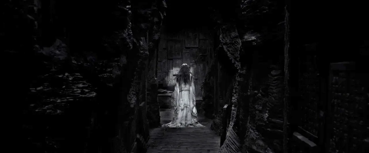Shadow (2018) movie still: fullbody — A dark, narrow stone corridor is lined with weathered vertical tablets or wall markings. A lone woman in a…