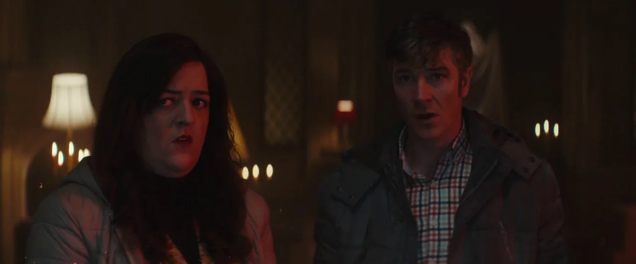 Extra Ordinary (2019) movie still: medium — A dimly lit room features a woman and man standing close together in focus. They look toward the camera…