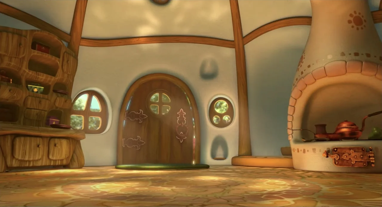 The Princess and the Dragon (2018) movie still: wide — A stylized rounded cottage interior features white curved walls and warm wooden structural…