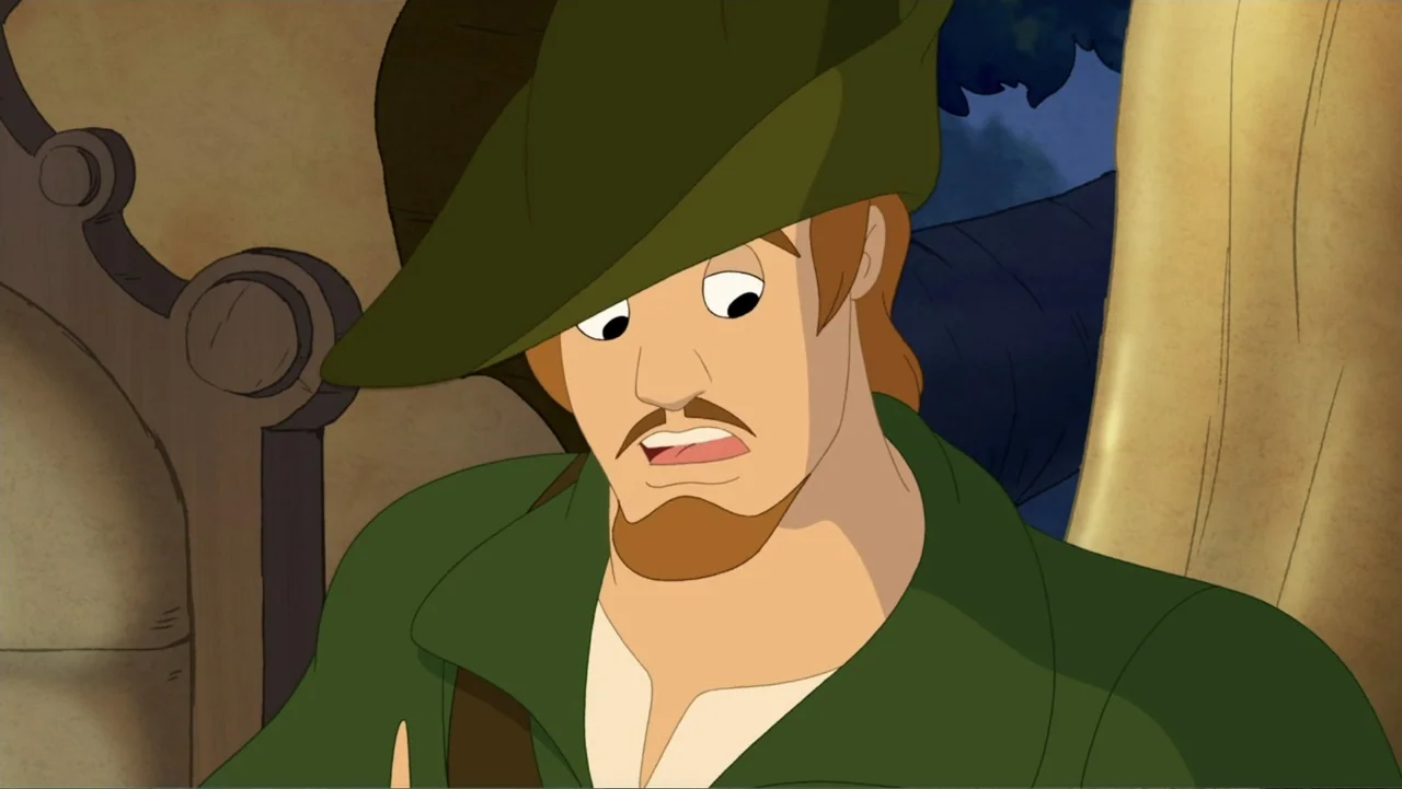 Tom and Jerry: Robin Hood and His Merry Mouse (2012) movie still: closeup — An animated man stands outdoors in a dark environment with trees in the…