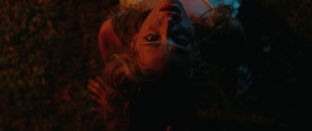 Happy Death Day (2017) movie still: closeup — A person lies on dark grass in a nighttime exterior setting with minimal light. The subject looks…