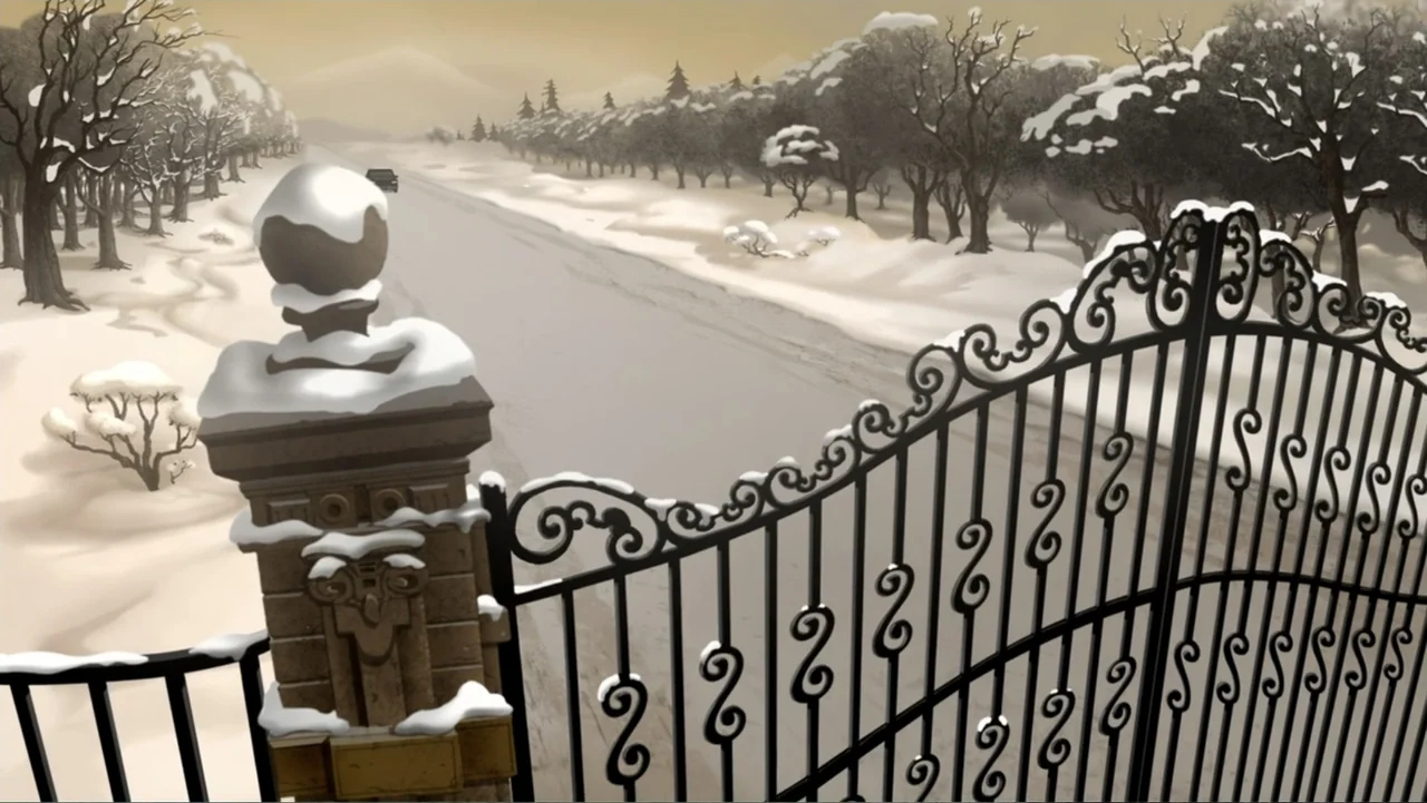 Batman: Year One (2011) movie still: establishing — A decorative black iron gate sits in the foreground with snow on top. A long road stretches into…