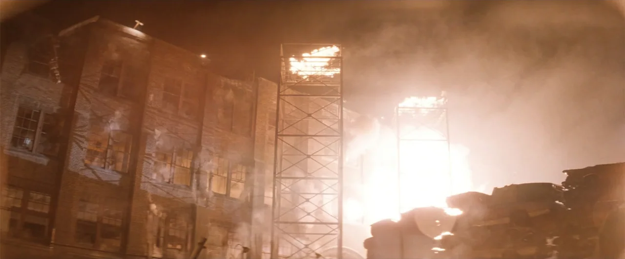 Demolition Man (1993) movie still: wide — An industrial site features a large brick building beside two tall metal scaffolding towers. Intense…
