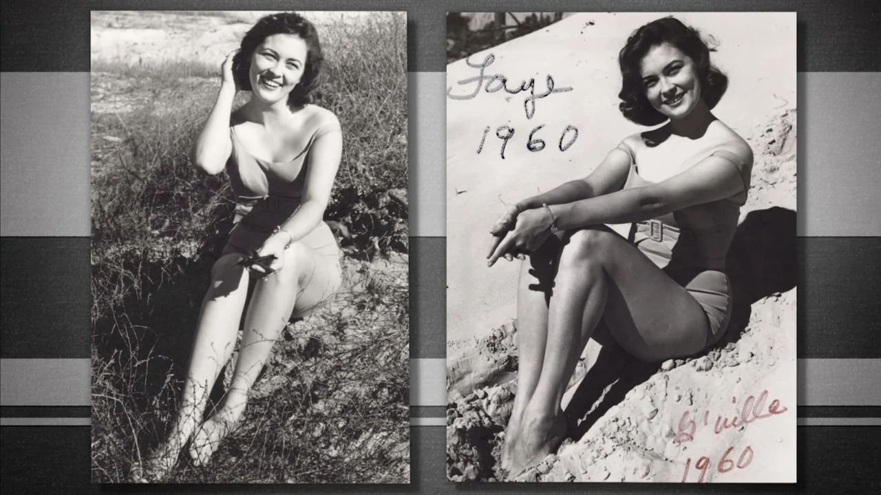 Faye (2024) movie still: fullbody — Two framed black and white photographs are displayed side by side against a background. Each photo shows the…