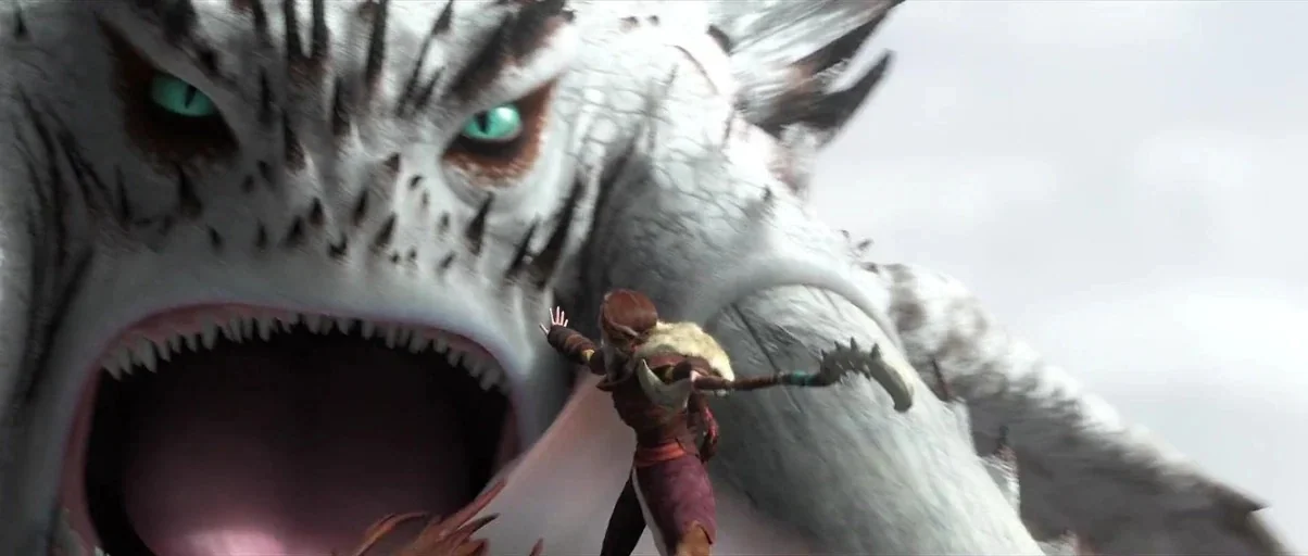 How to Train Your Dragon 2 (2014) movie still: medium — A gargantuan white creature with sharp spikes looms over a human standing before it. The…