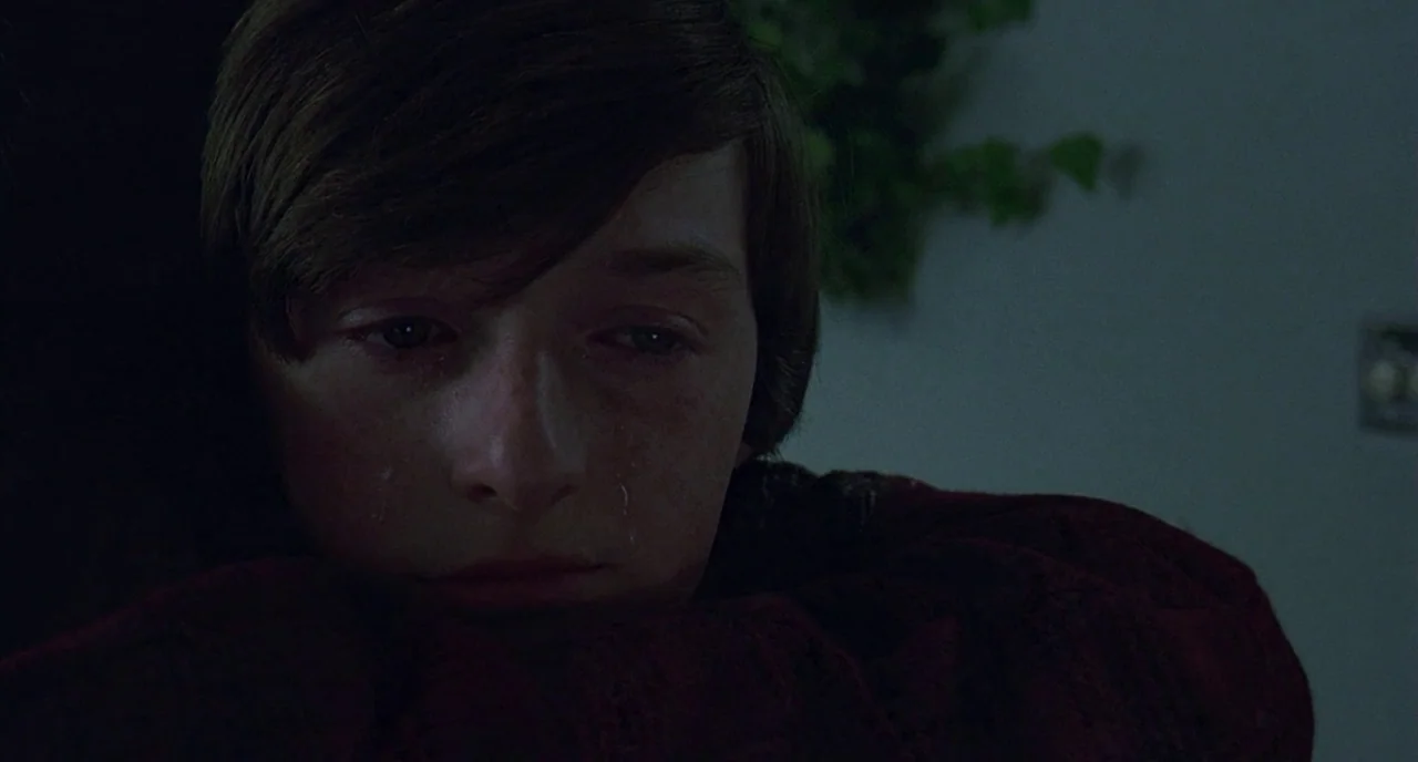 The Ice Storm (1997) movie still: closeup — A dimly lit domestic interior features a teenage boy against a plain grey wall. The subject has visible…