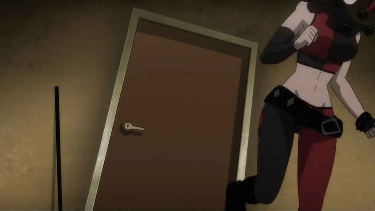 Batman: Assault on Arkham (2014) movie still: medium — A dimly lit interior hallway features a plain closed door against a brown wall. A female…