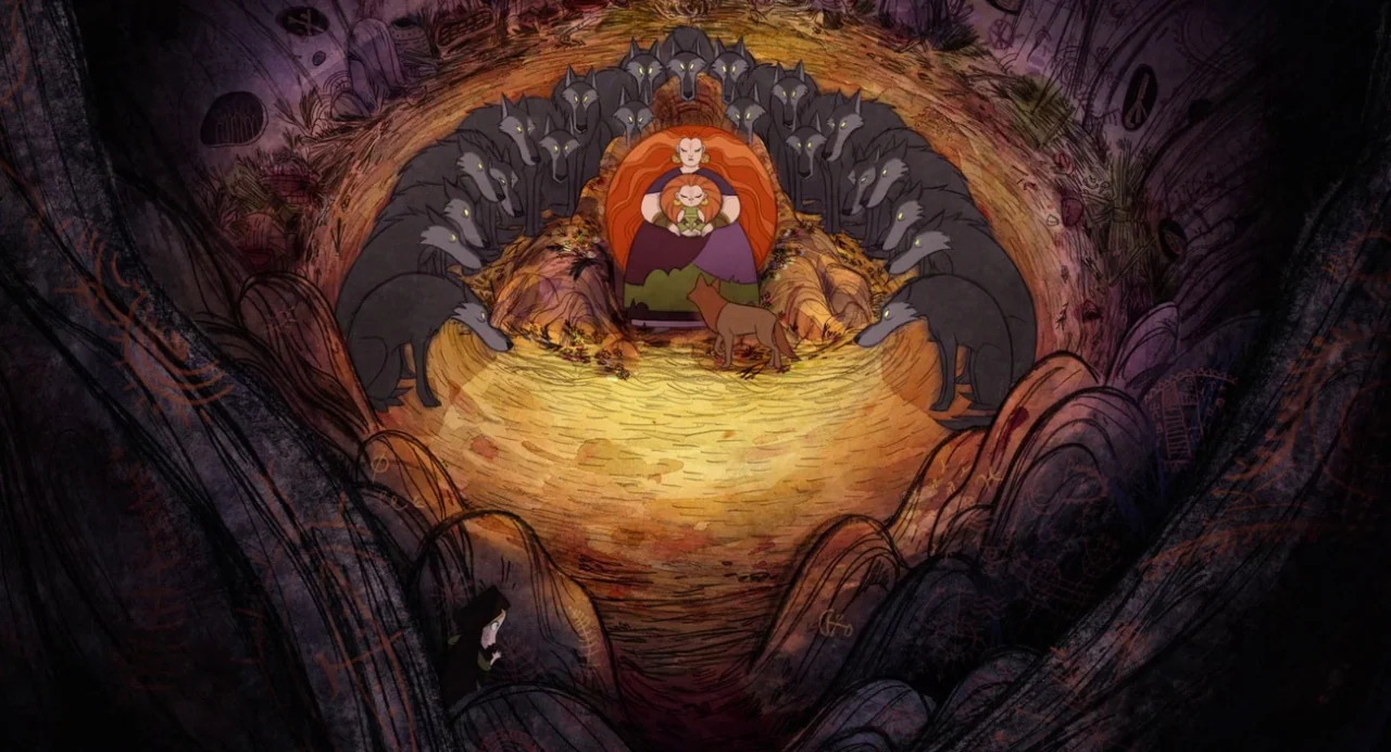 Wolfwalkers (2020) movie still: wide — A dark, circular cave interior features rock walls with etched, tribal-style markings. A mother and her child…