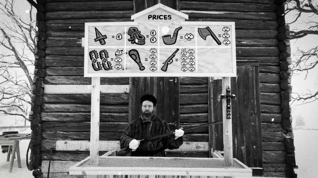 Hundreds of Beavers (2022) movie still: fullbody — A man stands behind a wooden sign board featuring icons of prices in winter. The background shows…