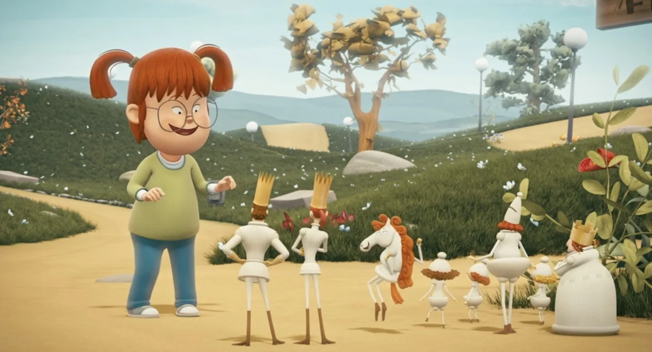 Valentina (1982) movie still: medium — A cartoon-style grassy park landscape with rolling hills and a single tree in back. A large girl in a green…
