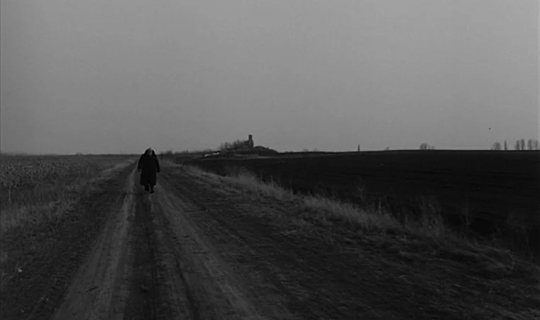 Sátántangó (1994) movie still: wide — An overcast dirt road cuts through desolate fields under a flat, grey sky. A lone figure in a heavy coat walks…