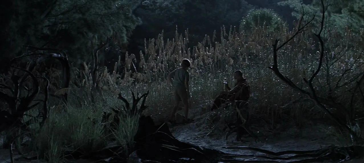 Great Expectations (1998) movie still: wide — A dark, swampy area features tall, feathery grasses and dead, twisted tree roots. A boy stands in…