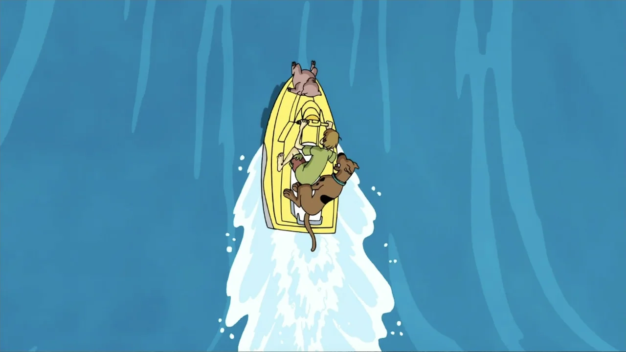 Aloha Scooby-Doo! (2005) movie still: wide — The open sea is depicted with stylized flat blue waves and white foam wakes. A young man and a dog ride…