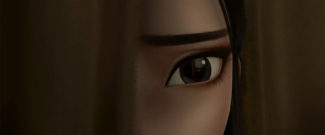 White Snake (2019) movie still: closeup — A dark indoor space with a sliver of light illuminating a single eye. The person observes from the darkness.