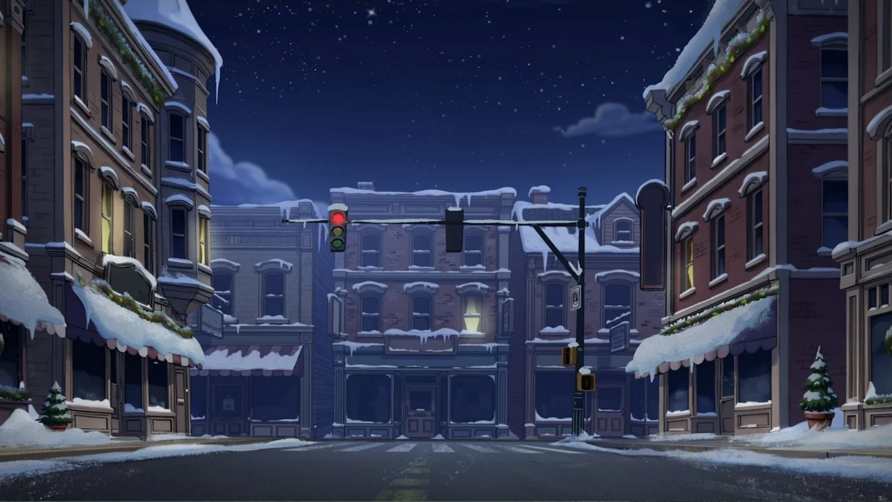 A Chuck E. Cheese Christmas (2025) movie still: establishing — A quiet town street at night features multi-story brick buildings covered in fresh…