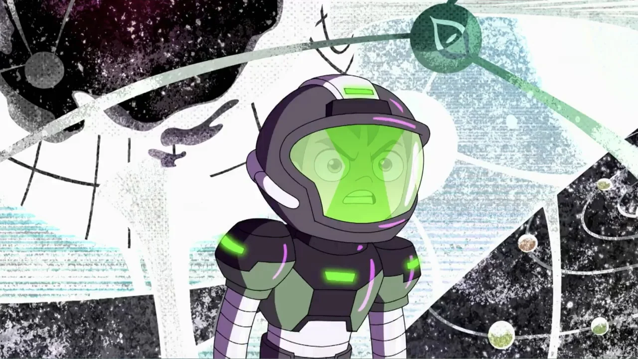 Ben 10 vs. the Universe: The Movie (2020) movie still: medium — A character wearing a high-tech space helmet stands in front of a stylized cosmic…