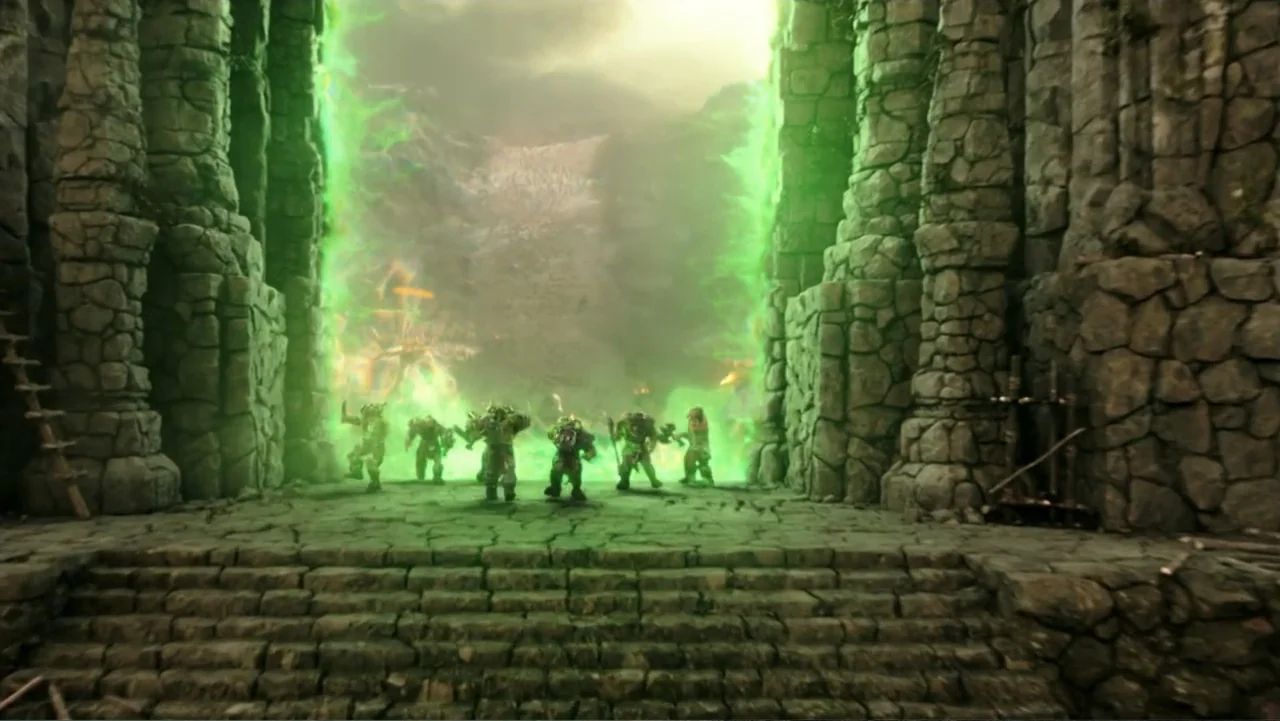 Warcraft (2016) movie still: wide — Large stone ruins feature a central magical gateway pulsing with bright green energy. Several armored orc…