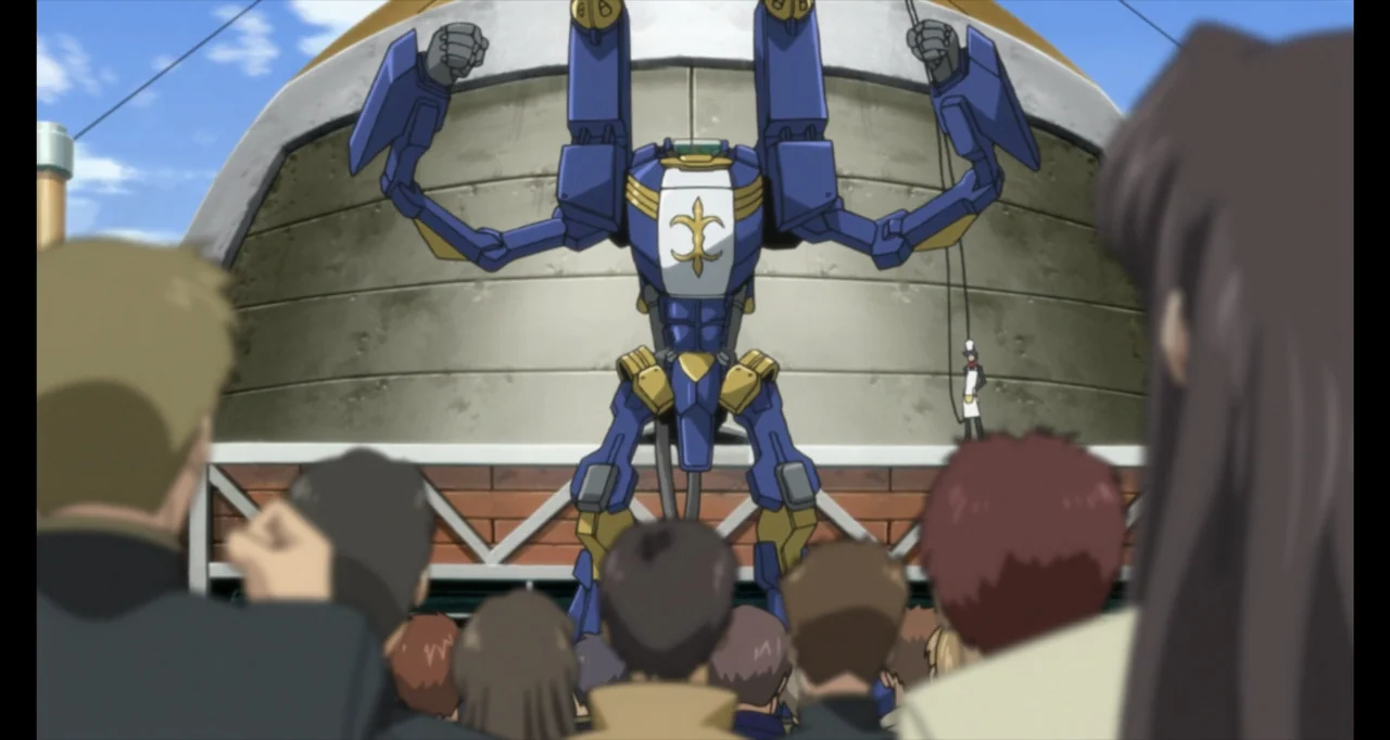 Code Geass: Lelouch of the Rebellion III - Glorification (2018) movie still: medium — A crowd of people stands in a plaza facing a large blue mecha…