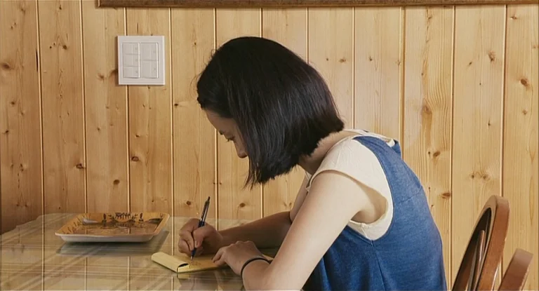 In Another Country (2012) movie still: medium — A dining space with horizontal pine wood paneled walls and a glass table. A woman writes on a yellow…