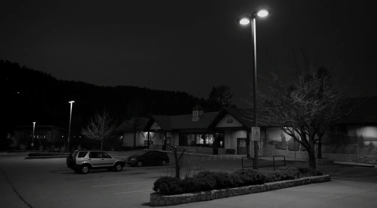 Blue Jay (2016) movie still: establishing — An empty parking lot features a low-profile building with stone accents at night. Pole lights illuminate…