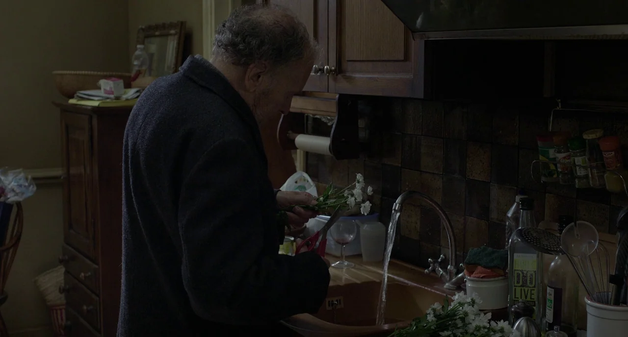 Amour (2012) movie still: medium — A residential kitchen features dark wooden cabinets and a tiled backsplash above the sink. An older man in a wool…