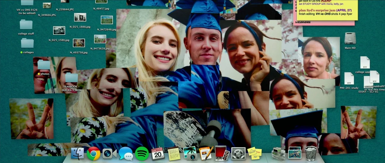 Nerve (2016) movie still: establishing — A digital computer desktop displays a teal background with multiple file folders and icons. A collage of…