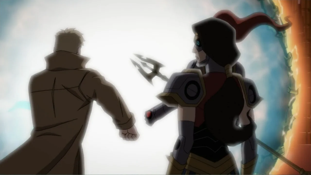 Justice League Dark: Apokolips War (2020) movie still: medium — A glowing ethereal portal opens against a dark, industrial environment. Two figures…