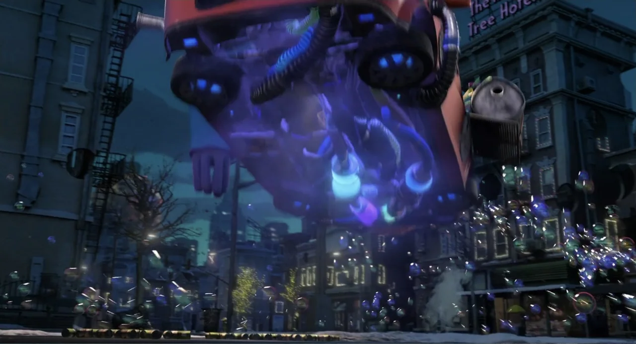 Home (2015) movie still: wide — A city street at night is surrounded by multi-story buildings and floating bubbles. An orange truck levitates in…