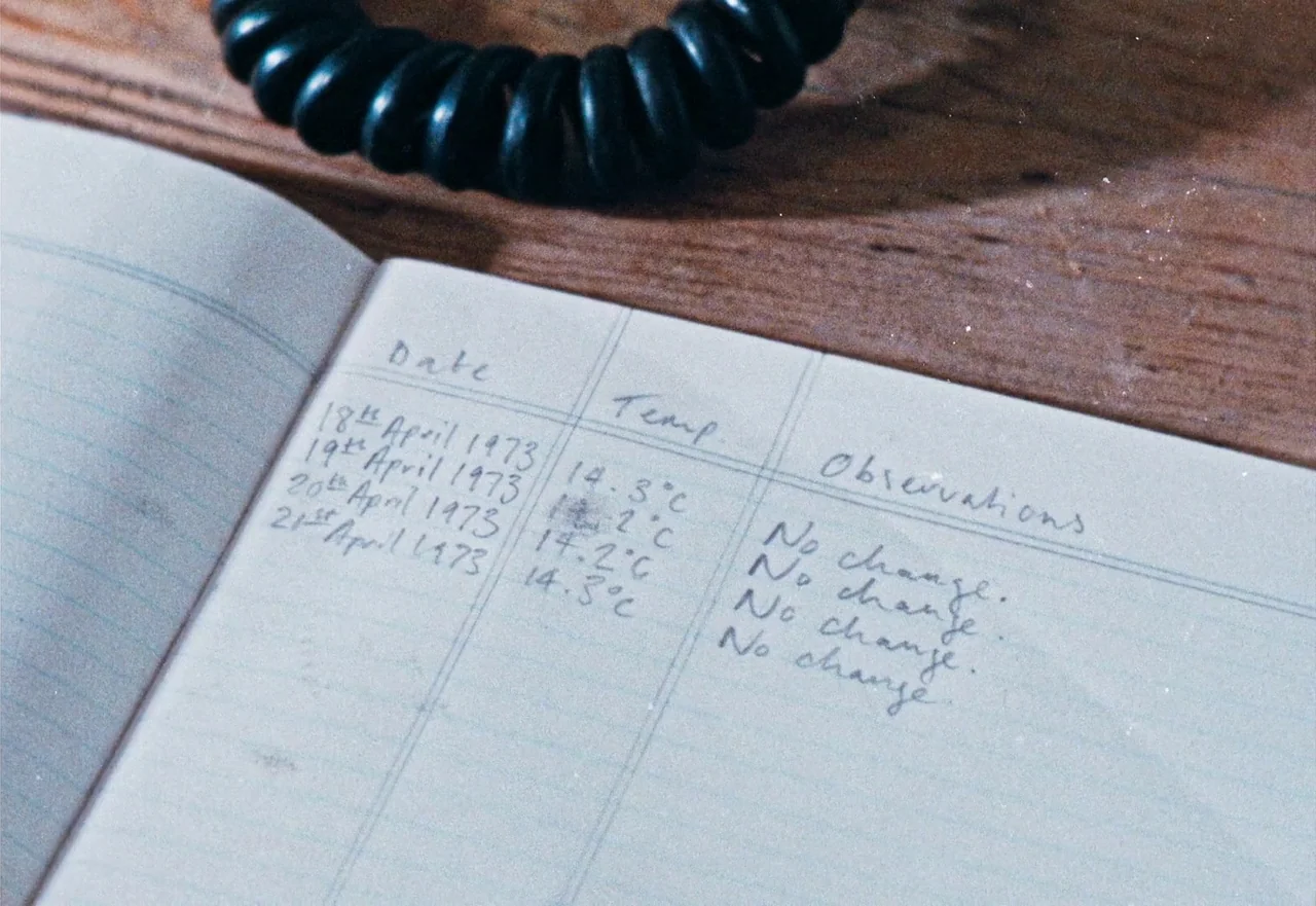 Enys Men (2022) movie still: closeup — An open notebook with handwritten entries sits on a wooden desk. A black coiled telephone cord is visible at…