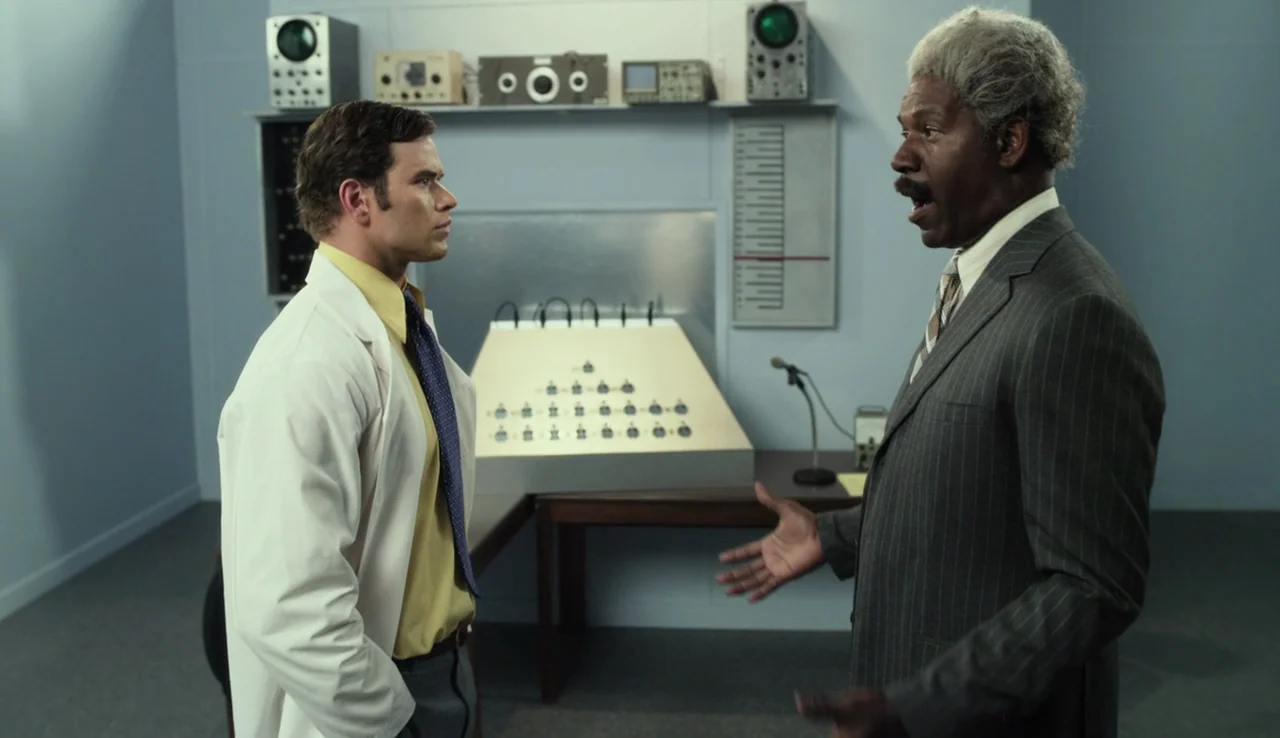 Experimenter (2015) movie still: medium — A 1960s laboratory contains vintage electronic equipment on shelves and a control console. A man in a suit…