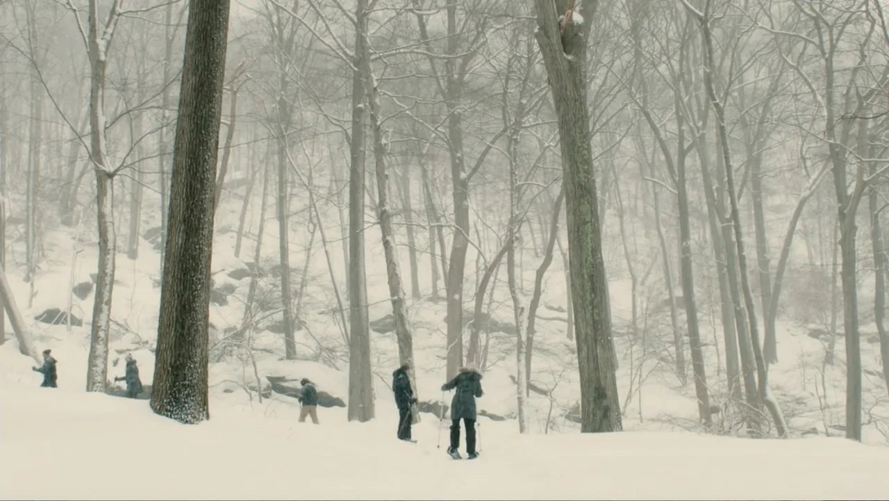 Maggie's Plan (2016) movie still: wide — A dense forest filled with tall, leafless trees is blanketed in deep snow. A small group of individuals…