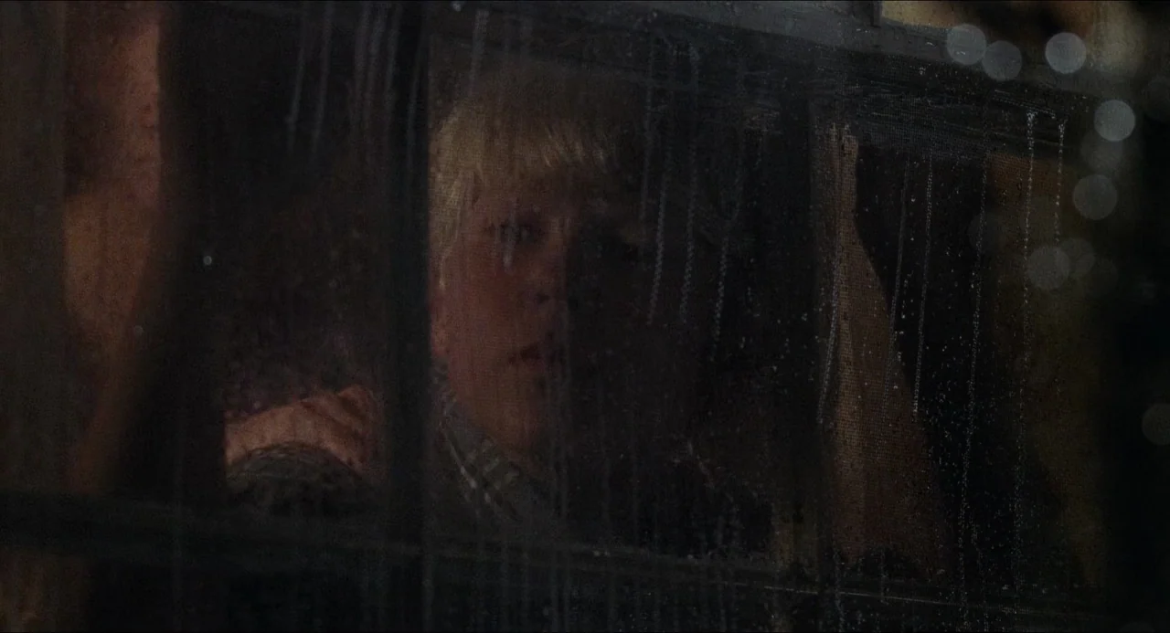 The Prince of Tides (1991) movie still: medium — A dark night view through a wet, rain-streaked window pane. A man with short blonde hair looks…
