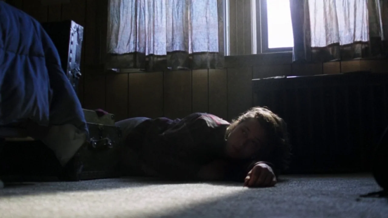 I Am Not a Serial Killer (2016) movie still: medium — A dimly lit room features wood-paneled walls and a window covered by thin curtains. A young…