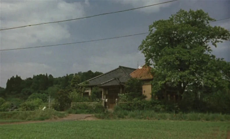 The Taste of Tea (2004) movie still: establishing — A rural Japanese house with tiled roofs sits surrounded by dense green vegetation. The structure…