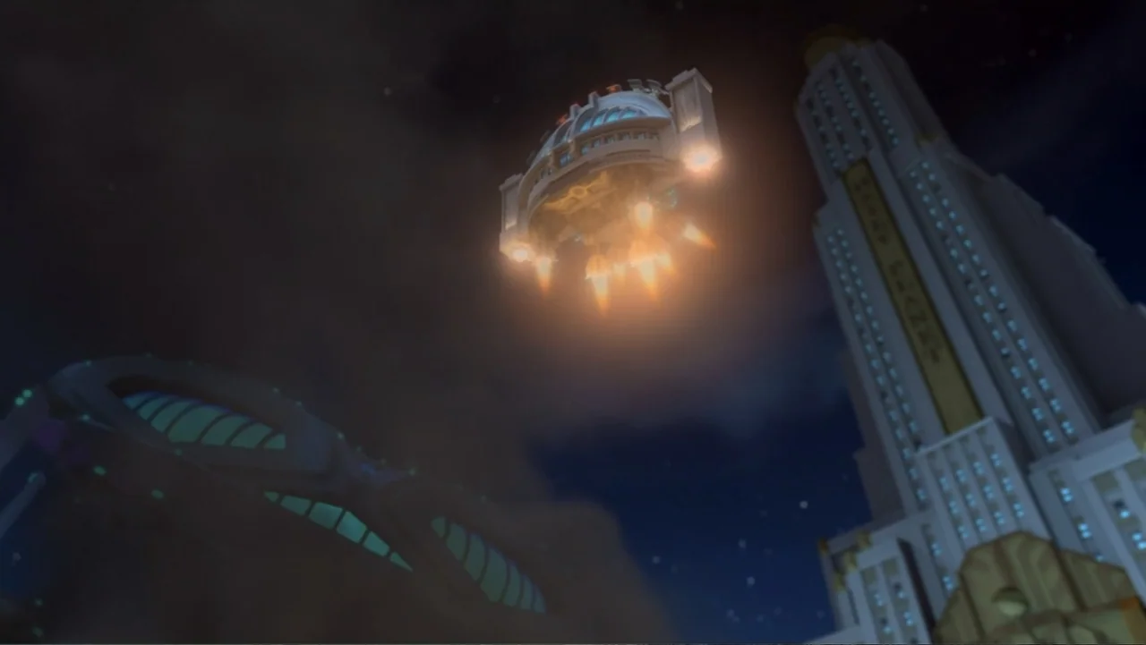 LEGO DC Comics Super Heroes: Justice League - Attack of the Legion of Doom! (2015) movie still: establishing — A night view of a futuristic city…