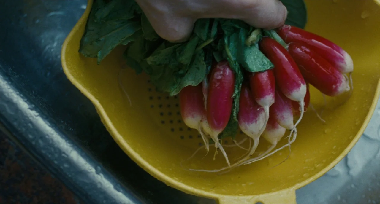 It’s Only The End Of The World (2016) movie still: closeup — A yellow plastic colander sits inside a stainless steel sink. A hand holds fresh red…