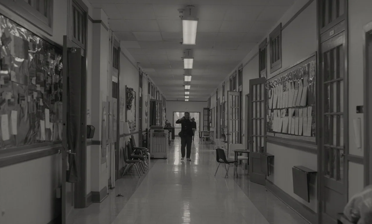 C’mon C’mon (2021) movie still: wide — A long, symmetrical school hallway features linoleum floors and lined notice boards on walls. A single person…