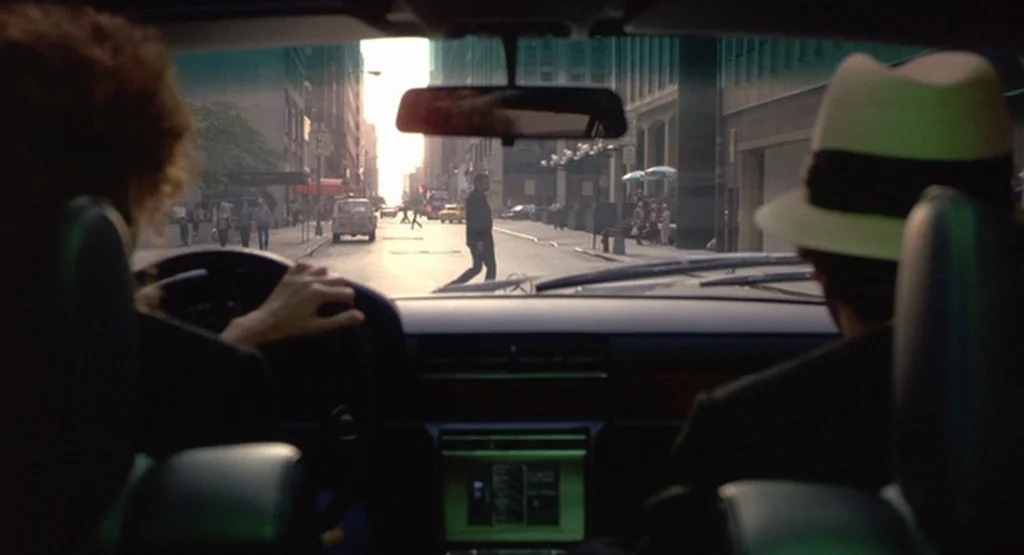 The King Of Comedy (1982) movie still: medium — A view from inside a car looking out onto a bright city intersection. A pedestrian walks across the…