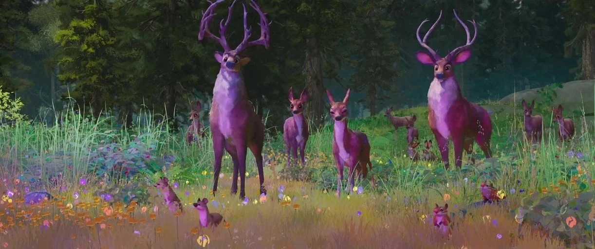 The Wild Robot (2024) movie still: fullbody — A vibrant meadow filled with wildflowers and tall grass beneath a deep forest backdrop. Two large…
