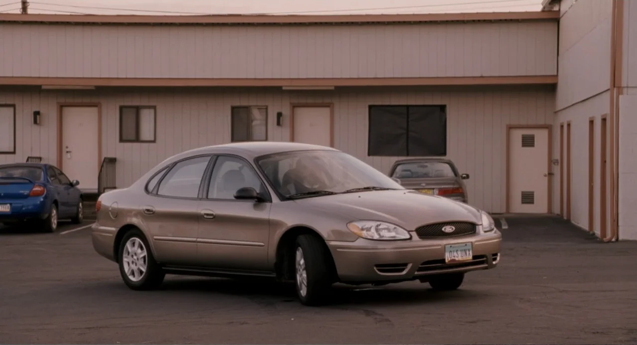Management (2009) movie still: fullbody — A tan sedan sits in the foreground of a beige single-story motel parking lot. Other cars are parked in the…