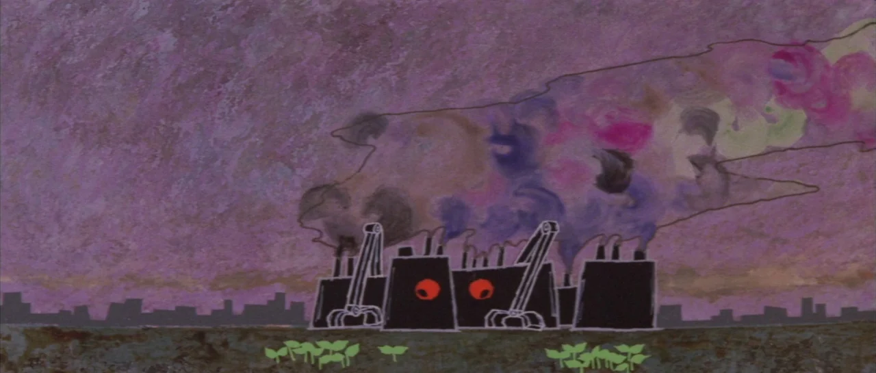 Godzilla Vs Hedorah (1971) movie still: establishing — A flatly drawn industrial facility sits on a horizon against a textured purple sky. Dark,…